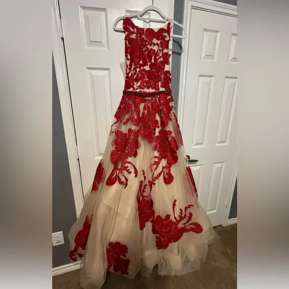 Jovani Red and Cream Floral Prom Dress - Picture 4 of 6